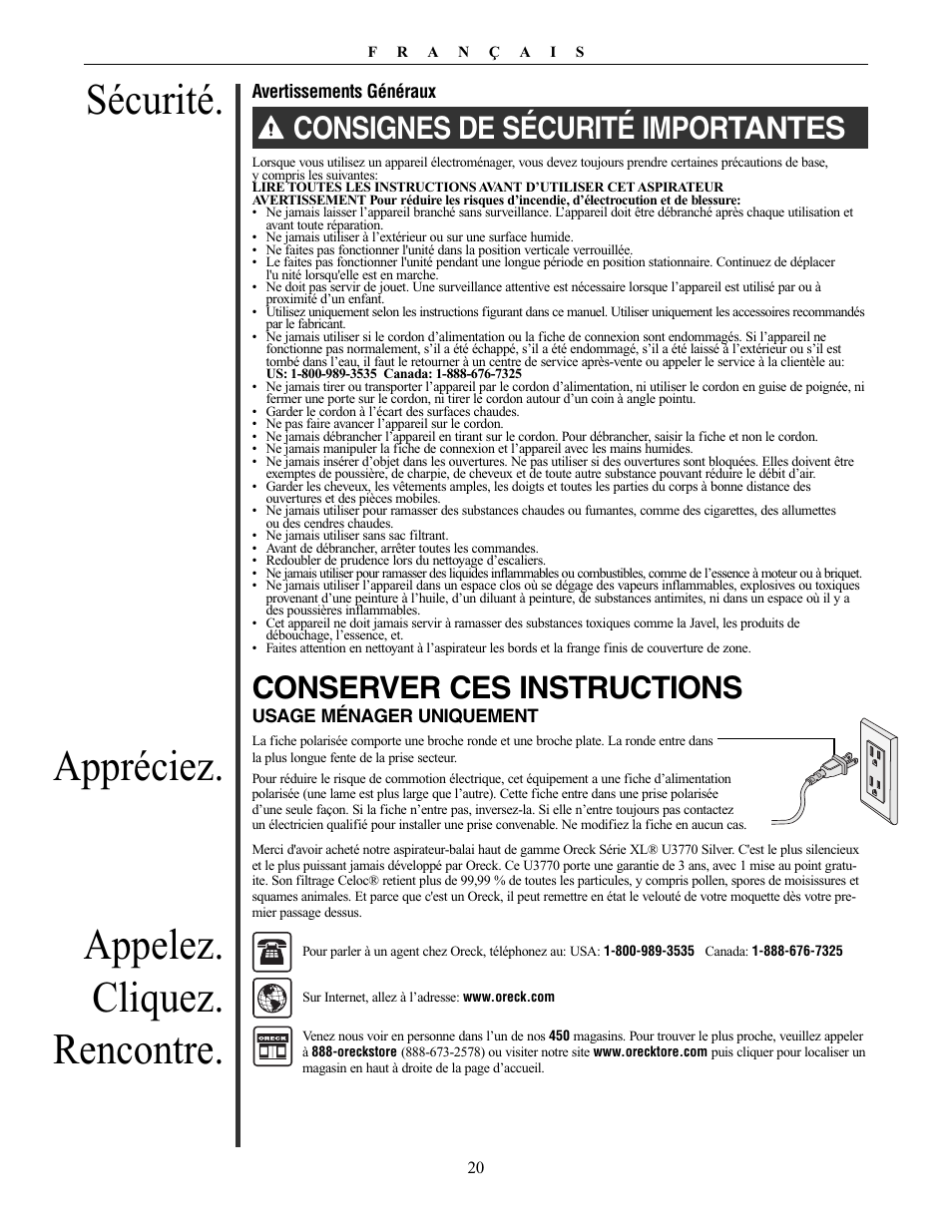 Sécurité, Appréciez. appelez. cliquez. rencontre, Consignes de sécurité importantes | Conserver ces instructions, Other oreck accessories available at | Oreck Powerful User Manual | Page 20 / 28