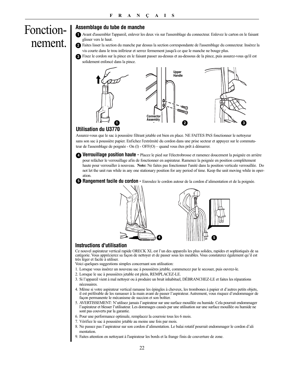 Fonction- nement | Oreck Powerful User Manual | Page 22 / 28