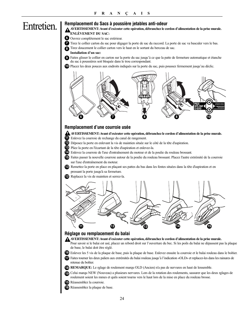 Entretien, Réglage ou remplacement du balai | Oreck Powerful User Manual | Page 24 / 28