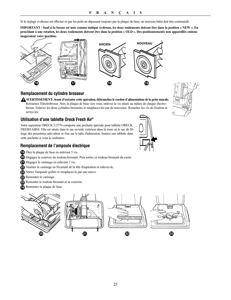 Remplacement de l’ampoule électrique, Remplacement du cylindre brosseur, Utilisation d’une tablette oreck fresh air | Oreck Powerful User Manual | Page 25 / 28