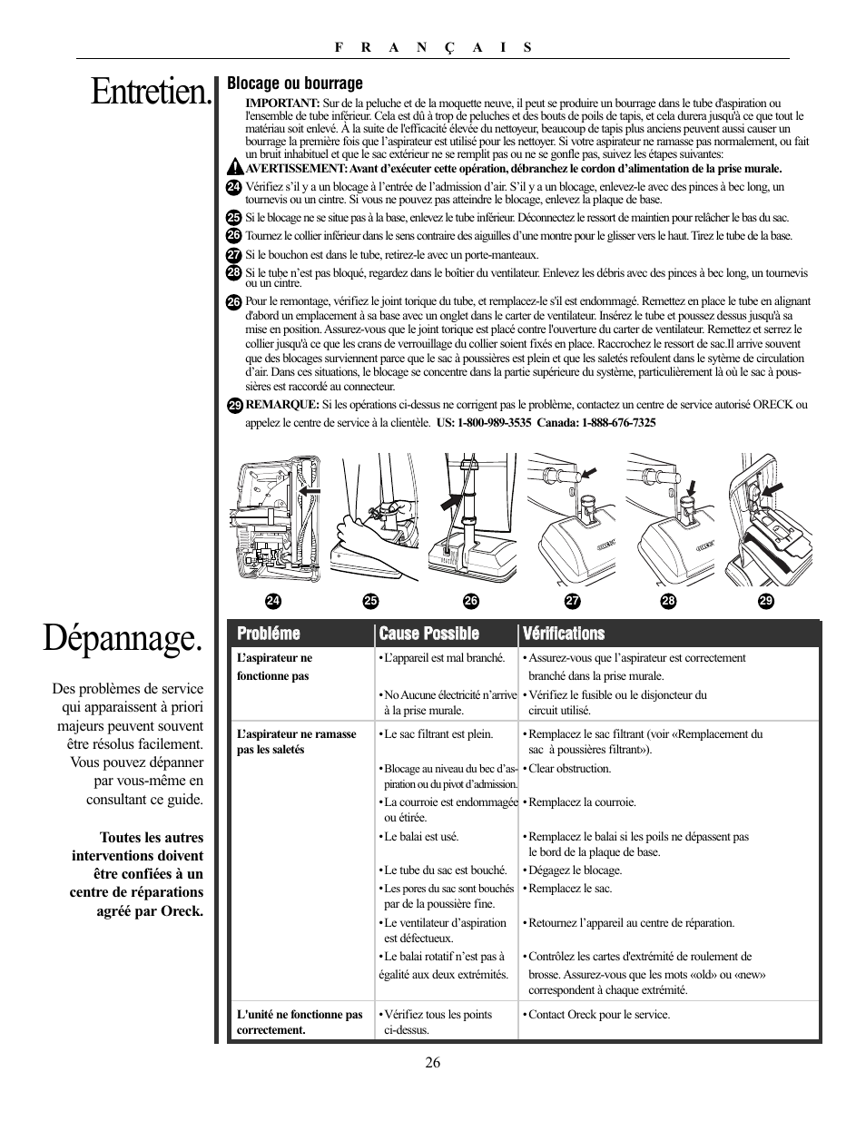 Entretien. dépannage | Oreck Powerful User Manual | Page 26 / 28
