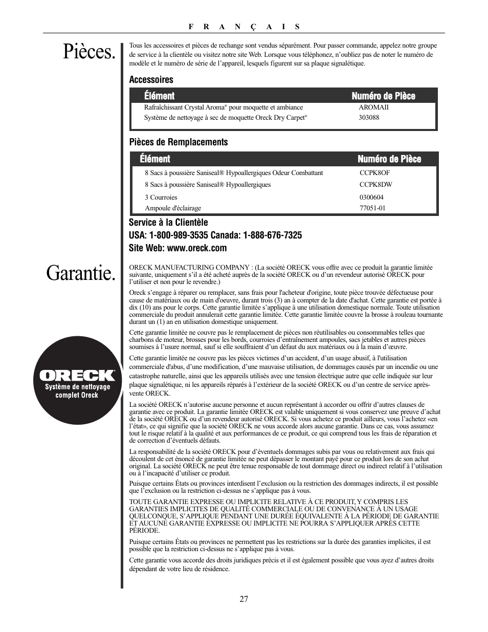 Pièces. garantie | Oreck Powerful User Manual | Page 27 / 28