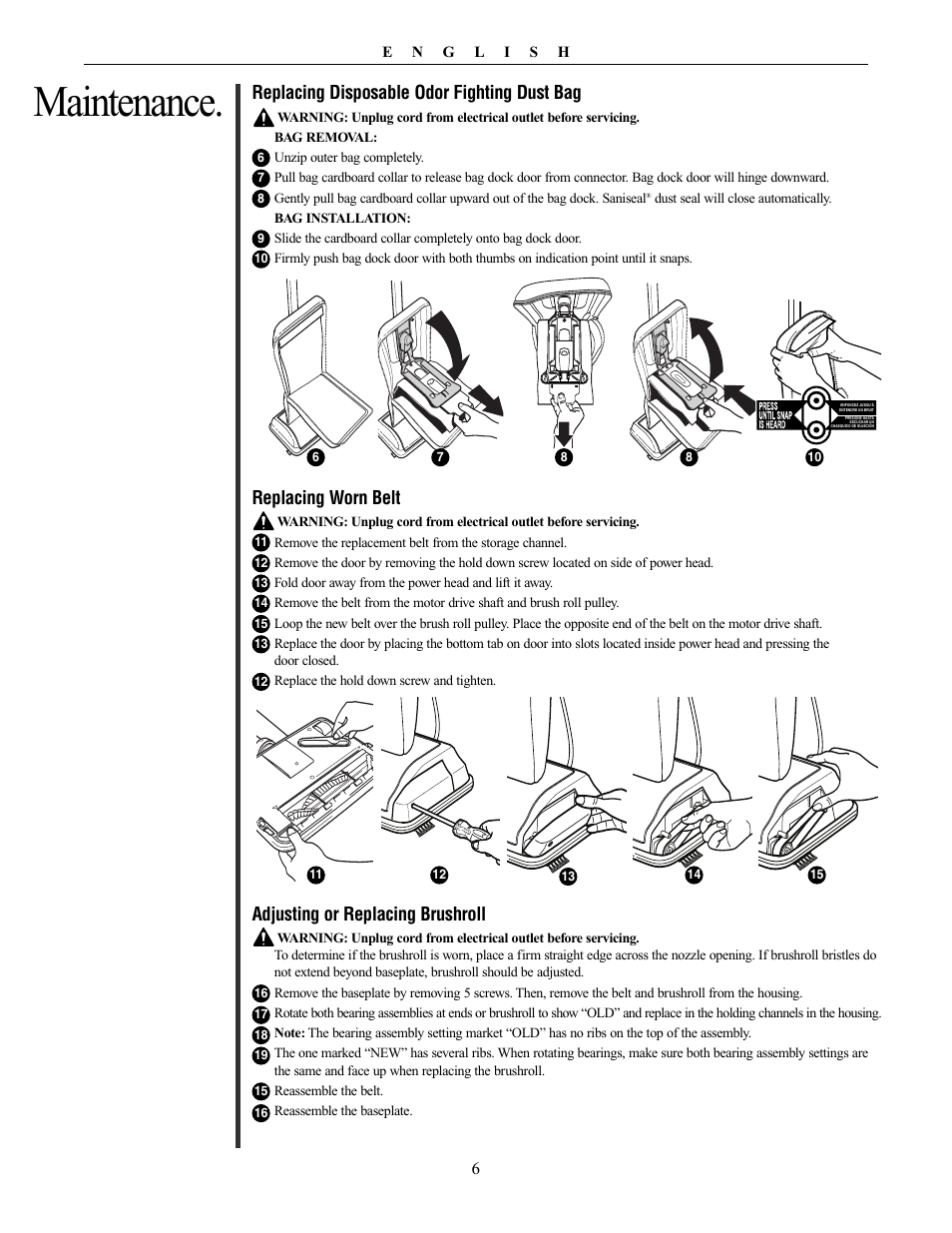 Maintenance, Replacing disposable odor fighting dust bag, Replacing worn belt | Adjusting or replacing brushroll | Oreck Powerful User Manual | Page 6 / 28