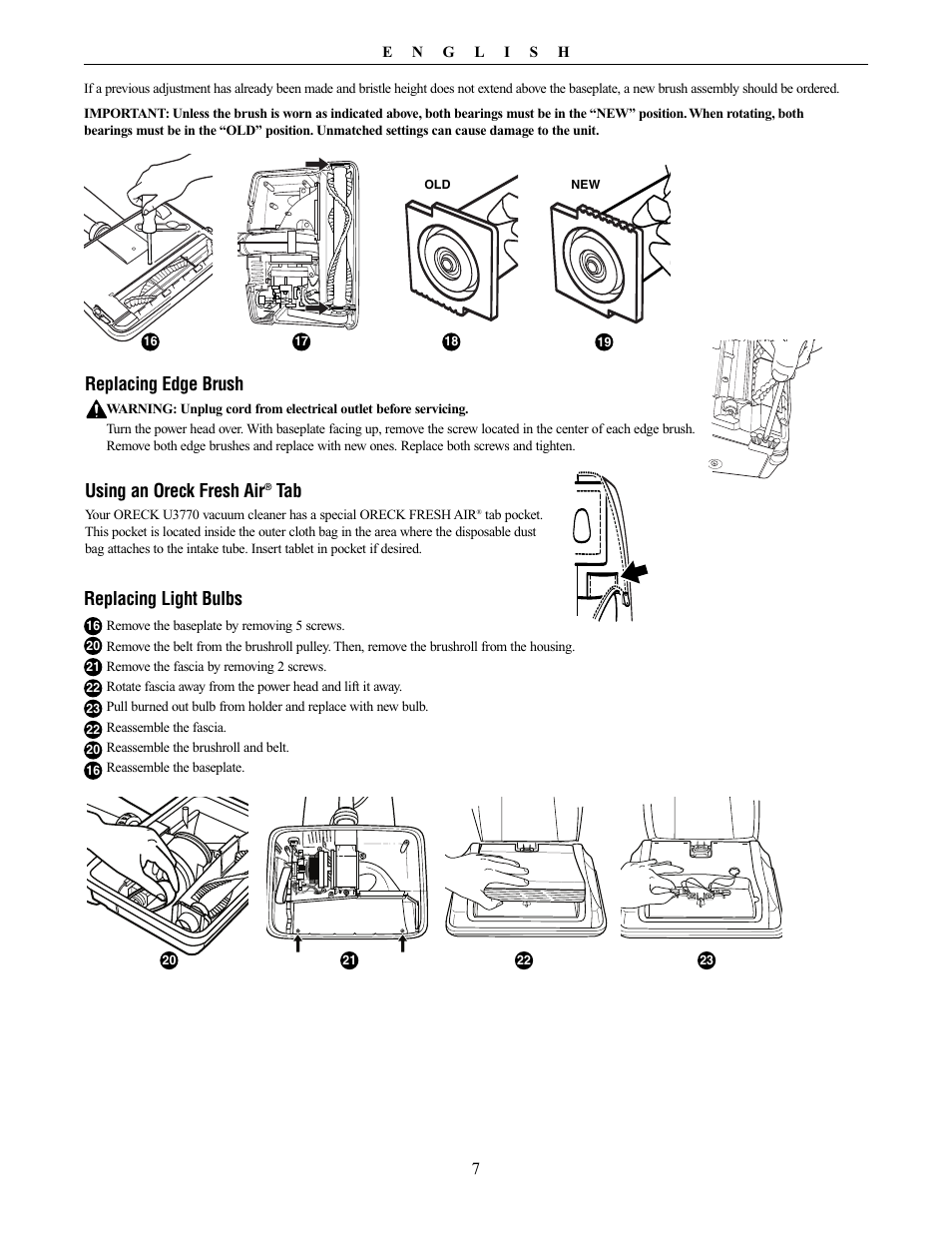 Replacing light bulbs, Replacing edge brush, Using an oreck fresh air | Oreck Powerful User Manual | Page 7 / 28