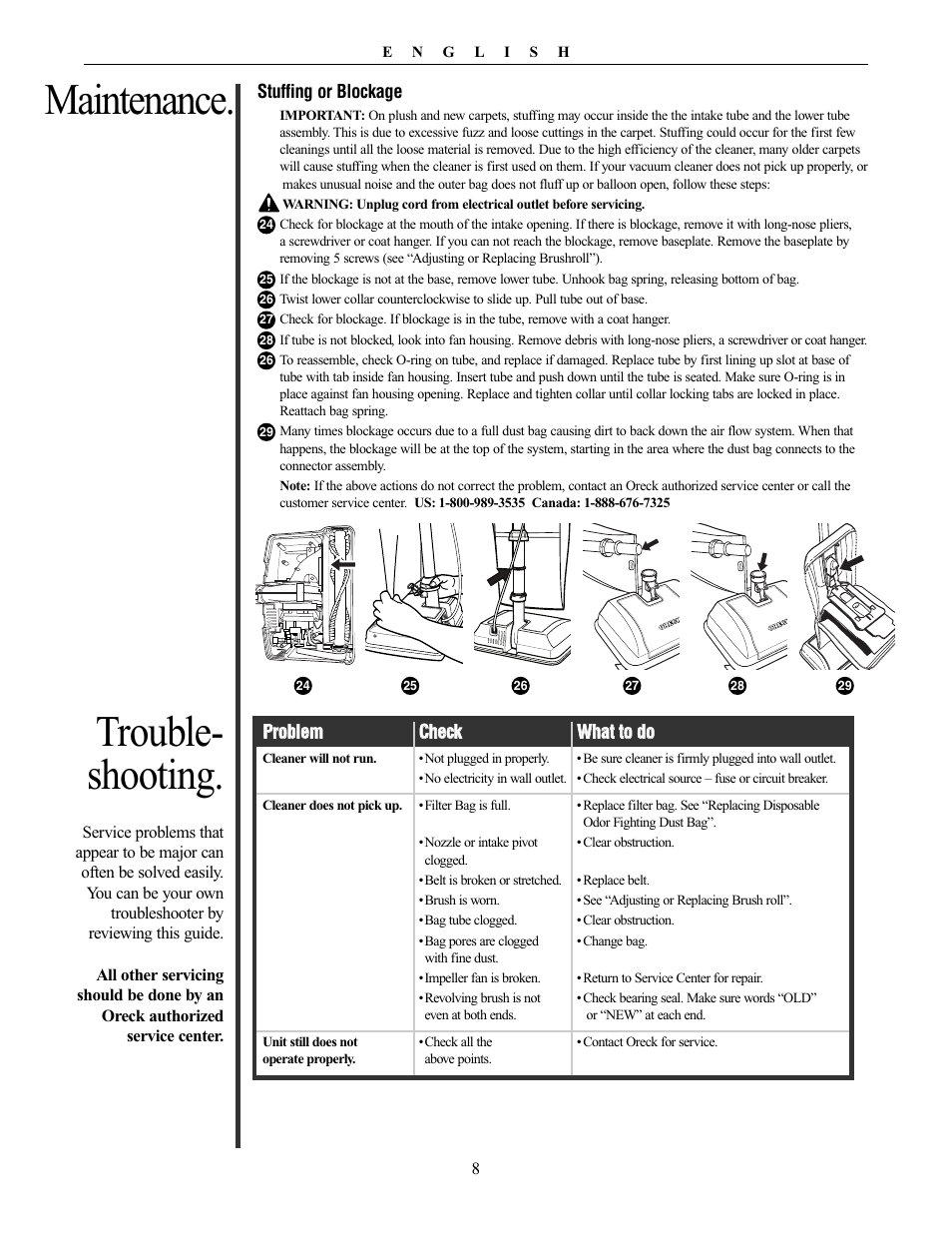 Maintenance. trouble- shooting | Oreck Powerful User Manual | Page 8 / 28