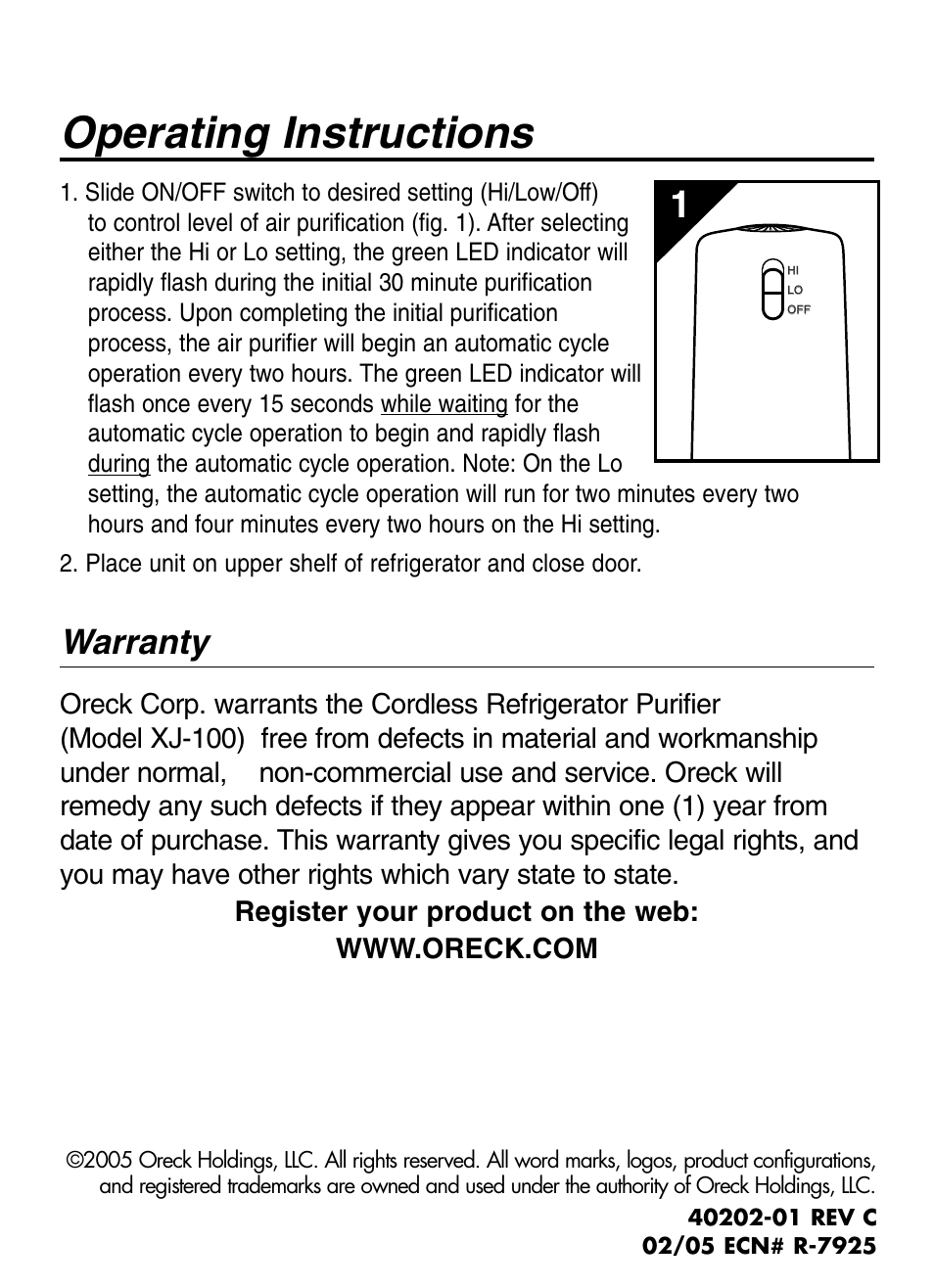 Oreck XJ-100 User Manual | 4 pages