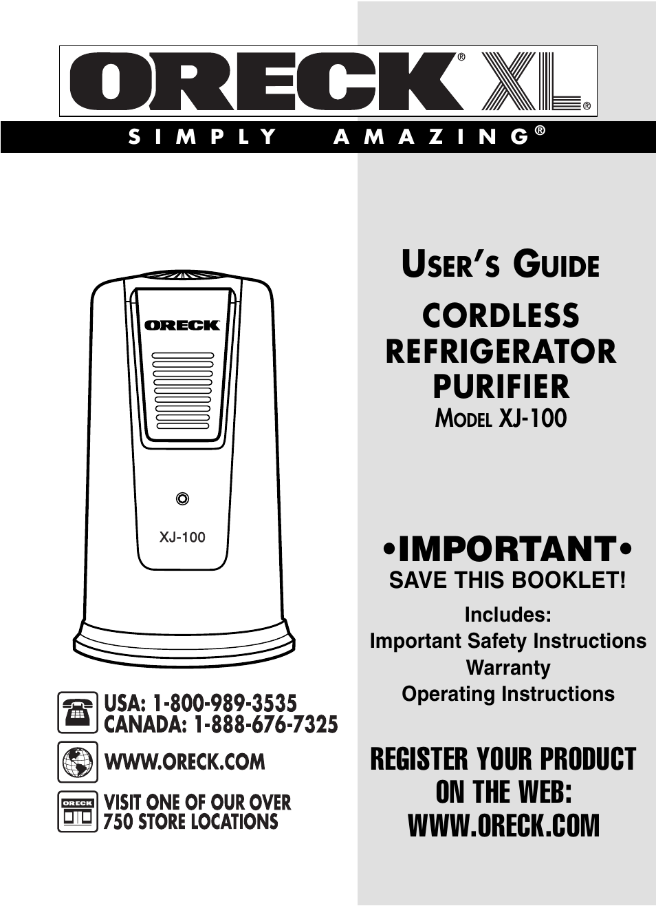 Important, Cordless refrigerator purifier | Oreck XJ-100 User Manual | Page 2 / 4