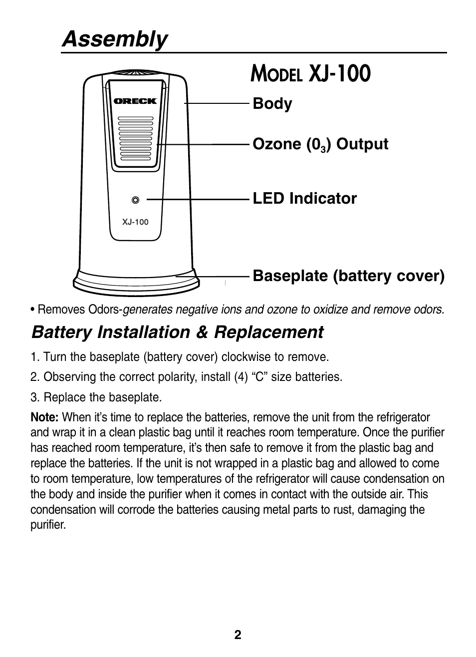 Assembly m, Xj-100, Battery installation & replacement | Oreck XJ-100 User Manual | Page 4 / 4