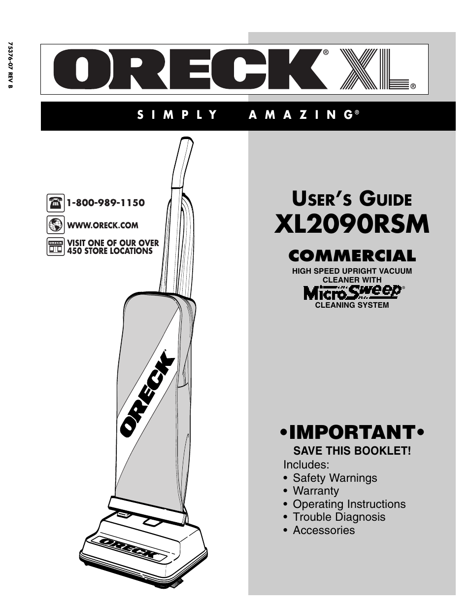 Oreck XL2090RSM User Manual | 8 pages