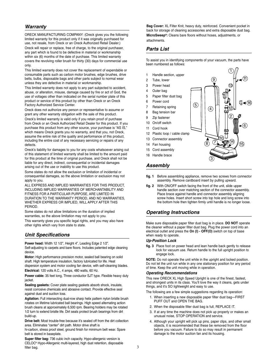 Parts list, Assembly, Operating instructions | Warranty, Unit specifications | Oreck XL2090RSM User Manual | Page 4 / 8