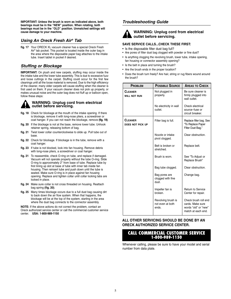 Call commercial customer service, Using an oreck fresh air, Stuffing or blockage | Troubleshooting guide | Oreck XL2090RSM User Manual | Page 6 / 8