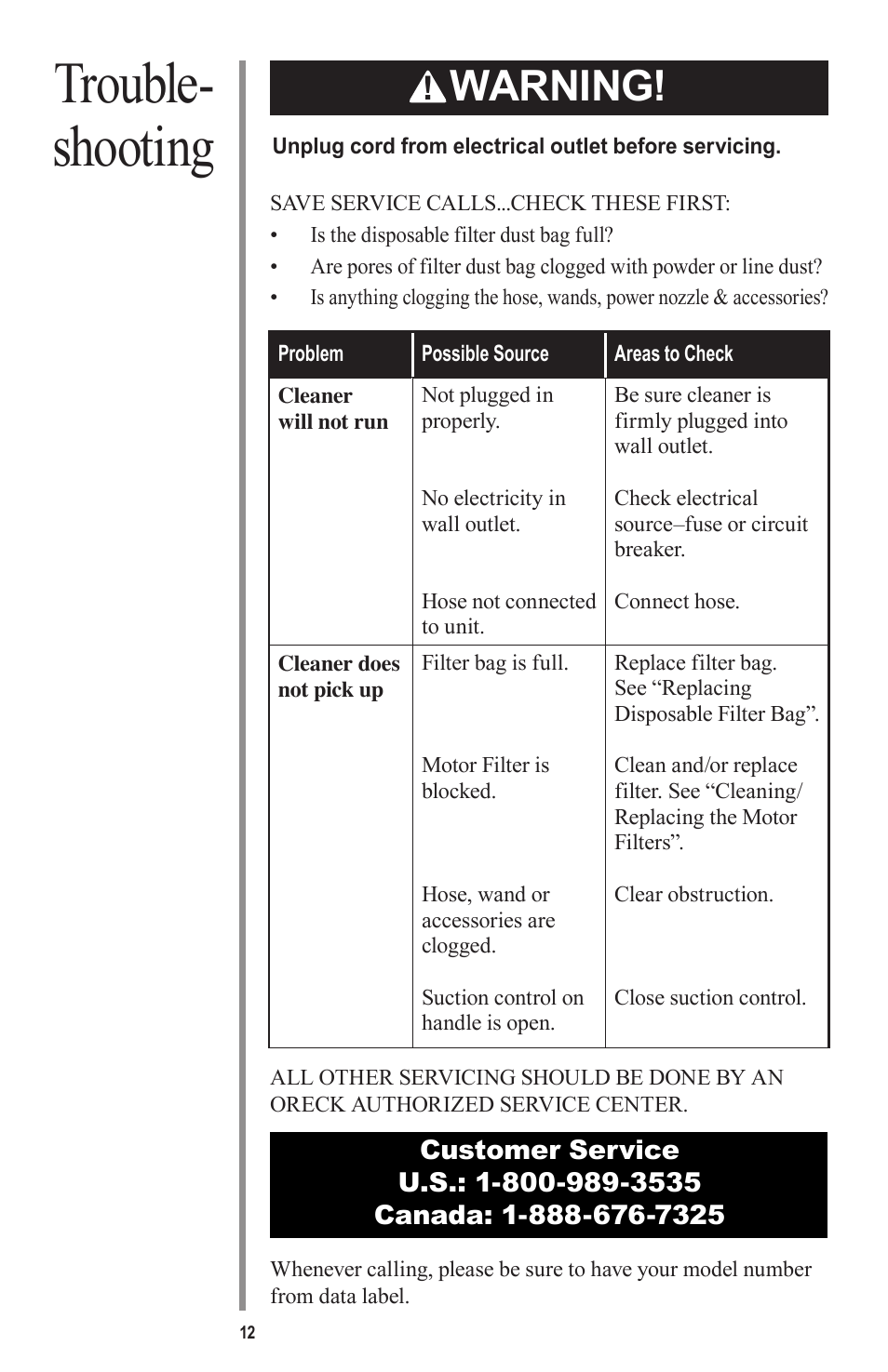 Trouble- shooting, Warning | Oreck QUEST MC1000 User Manual | Page 12 / 16