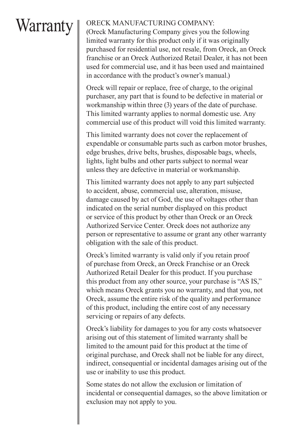 Warranty | Oreck QUEST MC1000 User Manual | Page 14 / 16