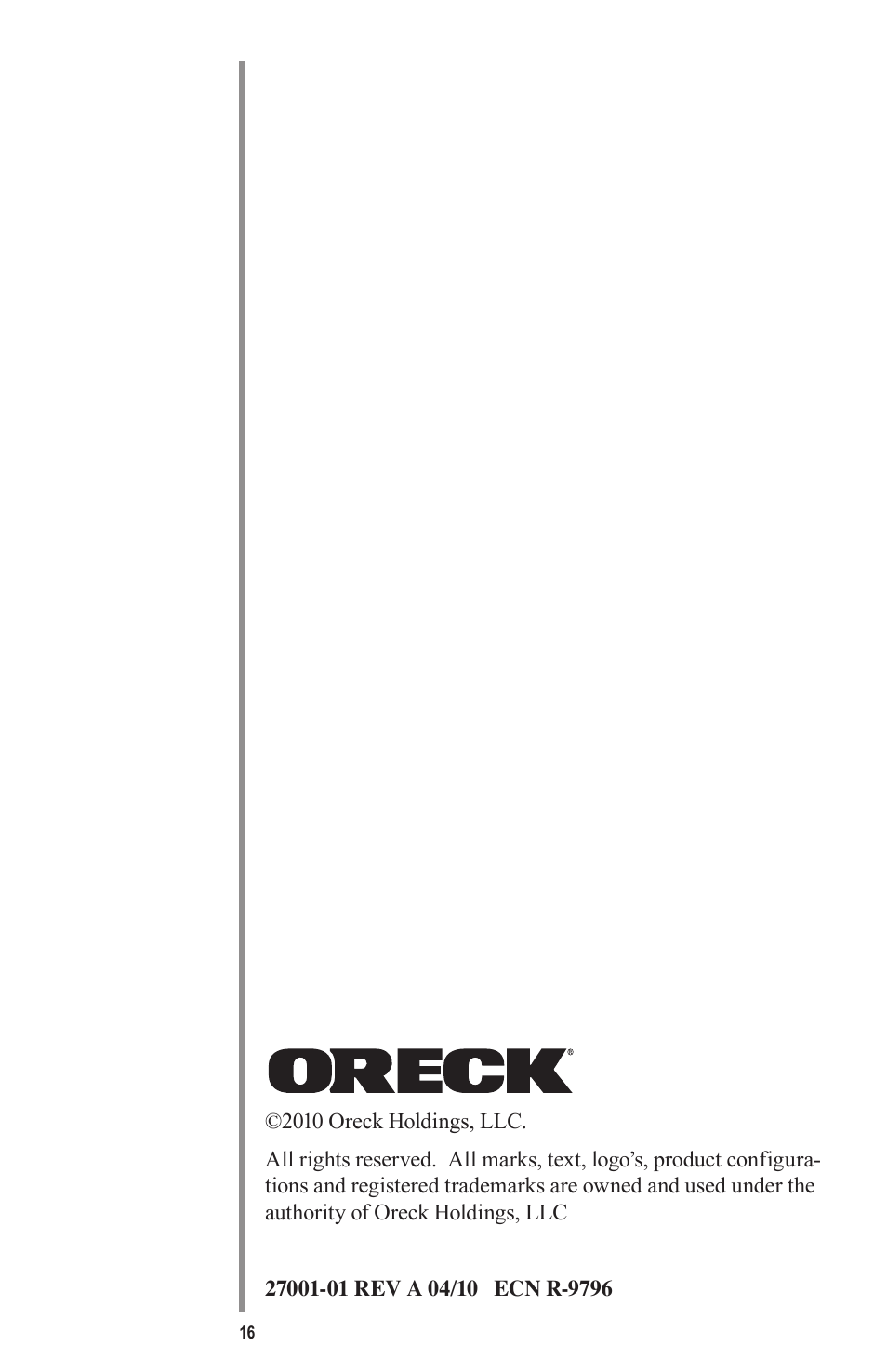 Oreck QUEST MC1000 User Manual | Page 16 / 16