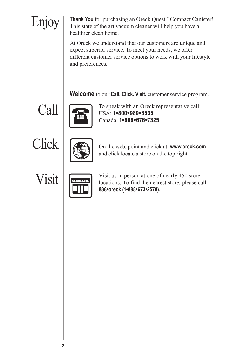 Enjoy click call visit, Other oreck accessories avail able at | Oreck QUEST MC1000 User Manual | Page 2 / 16