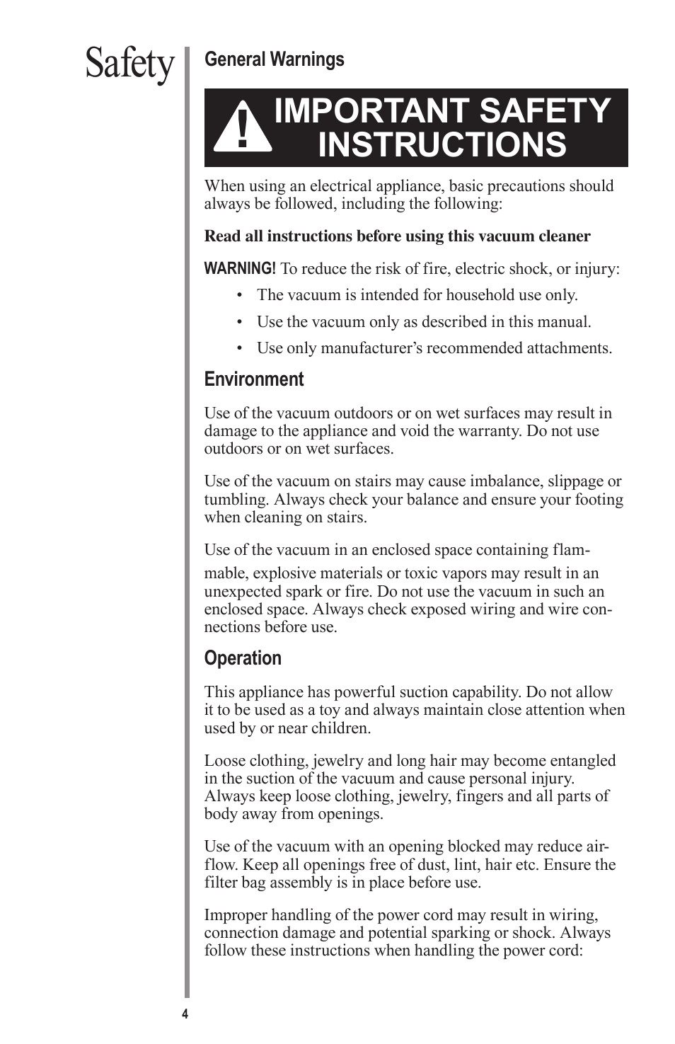 Safety, Important safety instructions | Oreck QUEST MC1000 User Manual | Page 4 / 16