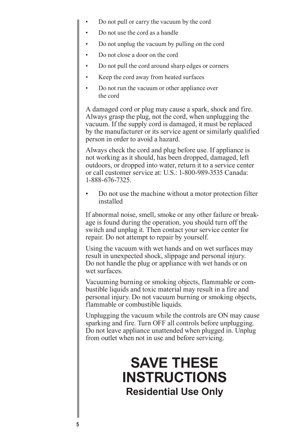 Save these instructions, Residential use only | Oreck QUEST MC1000 User Manual | Page 5 / 16