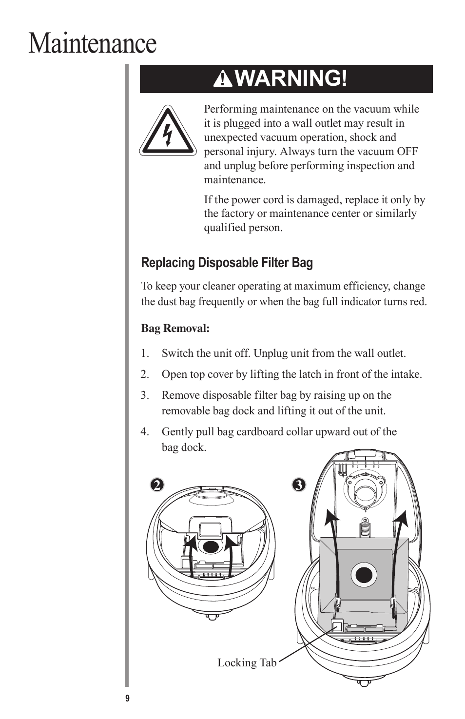 Maintenance, Warning | Oreck QUEST MC1000 User Manual | Page 9 / 16