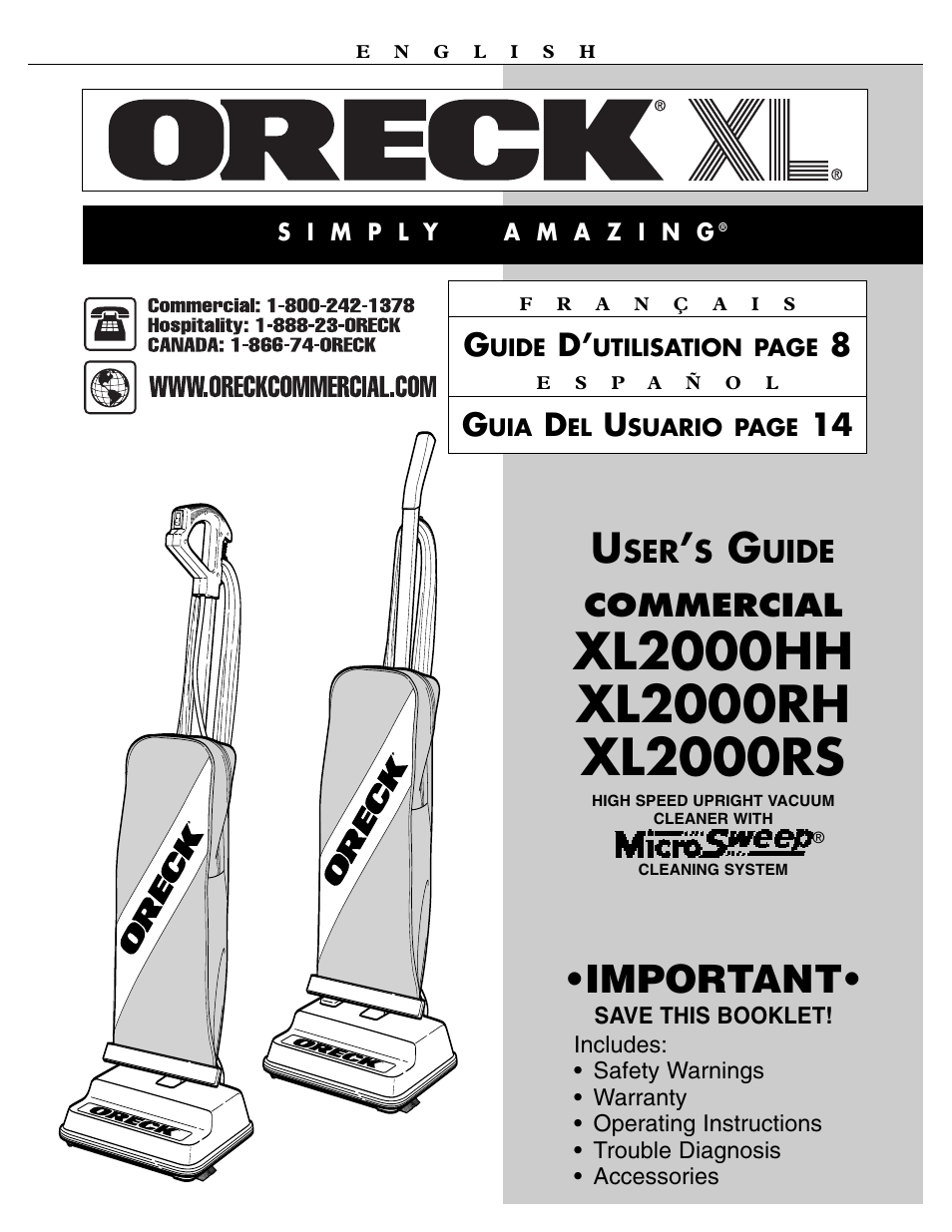 Oreck XL2000RH User Manual | 20 pages