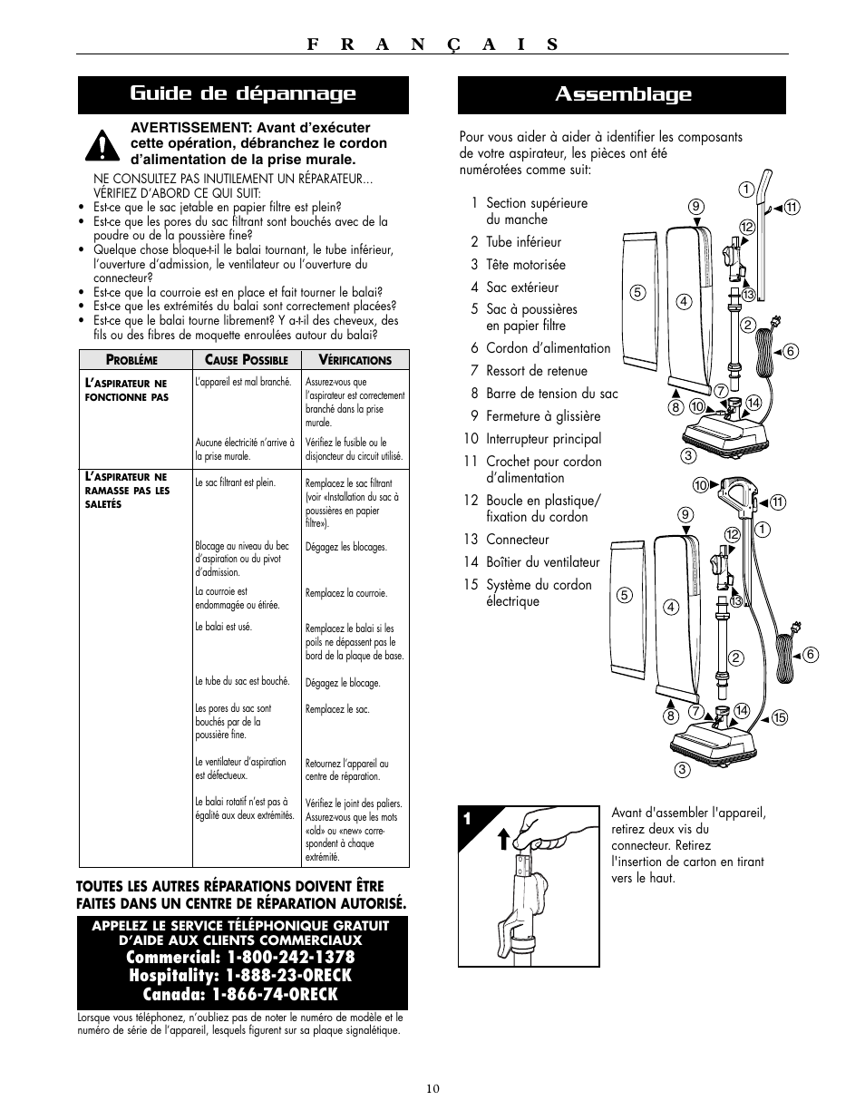 Ssemblage, Uide de dépannage | Oreck XL2000RH User Manual | Page 10 / 20