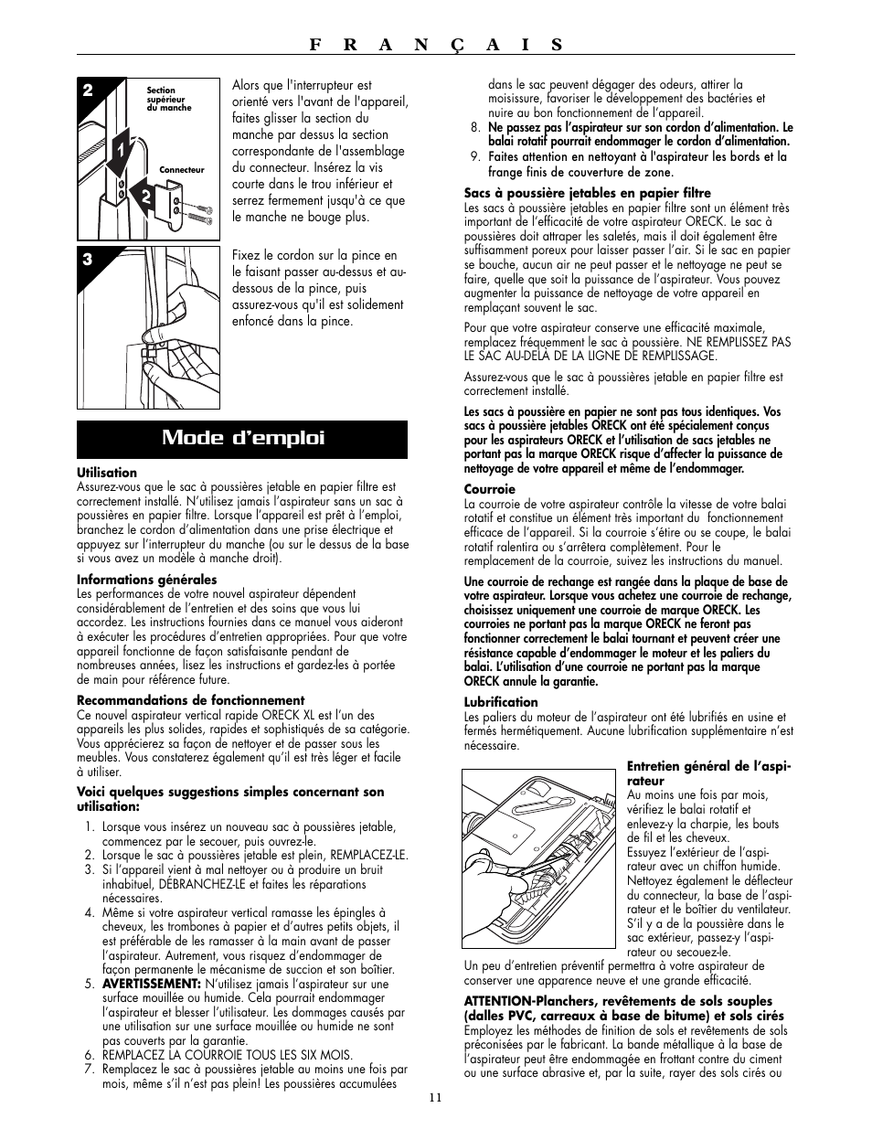 Ode d’emploi | Oreck XL2000RH User Manual | Page 11 / 20