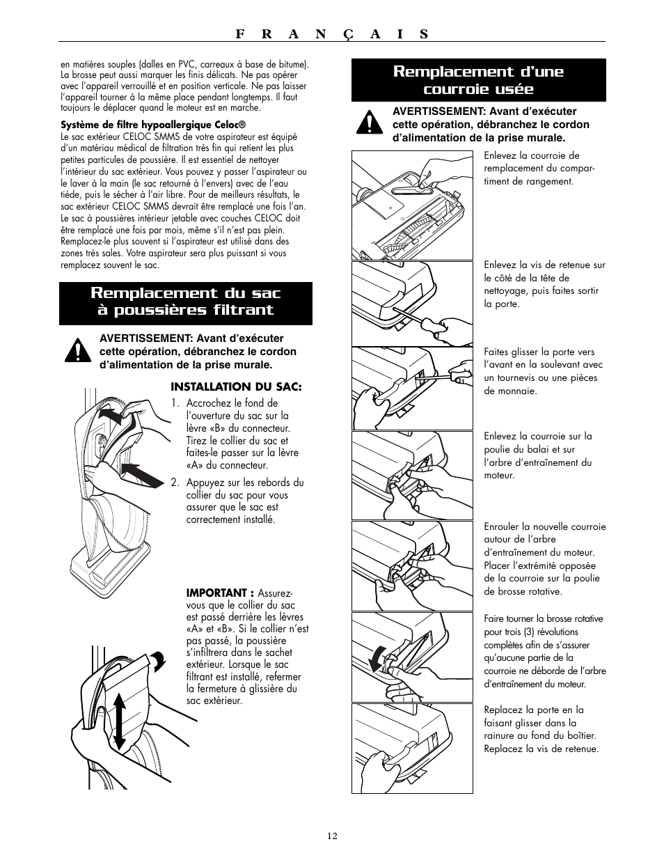 Emplacement d’une courroie usée, Emplacement du sac à poussières filtrant | Oreck XL2000RH User Manual | Page 12 / 20