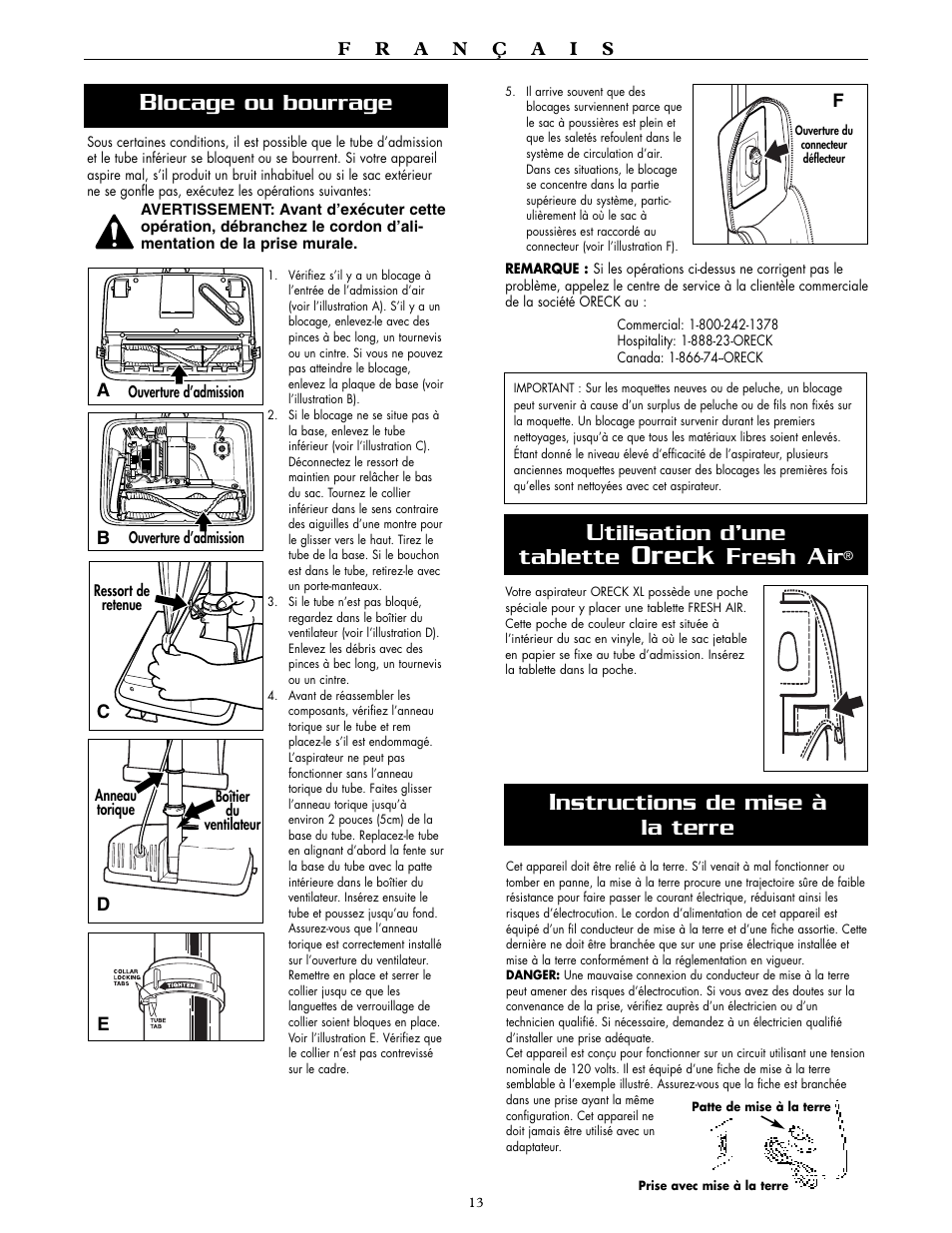 Oreck, Tilisation d’une tablette, Resh | Locage ou bourrage, Nstructions de mise à la terre | Oreck XL2000RH User Manual | Page 13 / 20