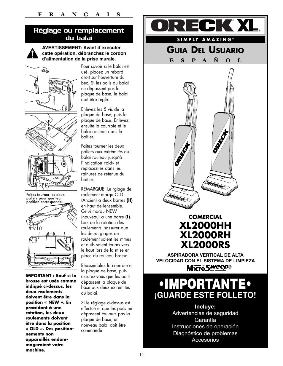 Importante, Guarde este folleto, Églage ou remplacement du balai | Suario | Oreck XL2000RH User Manual | Page 14 / 20