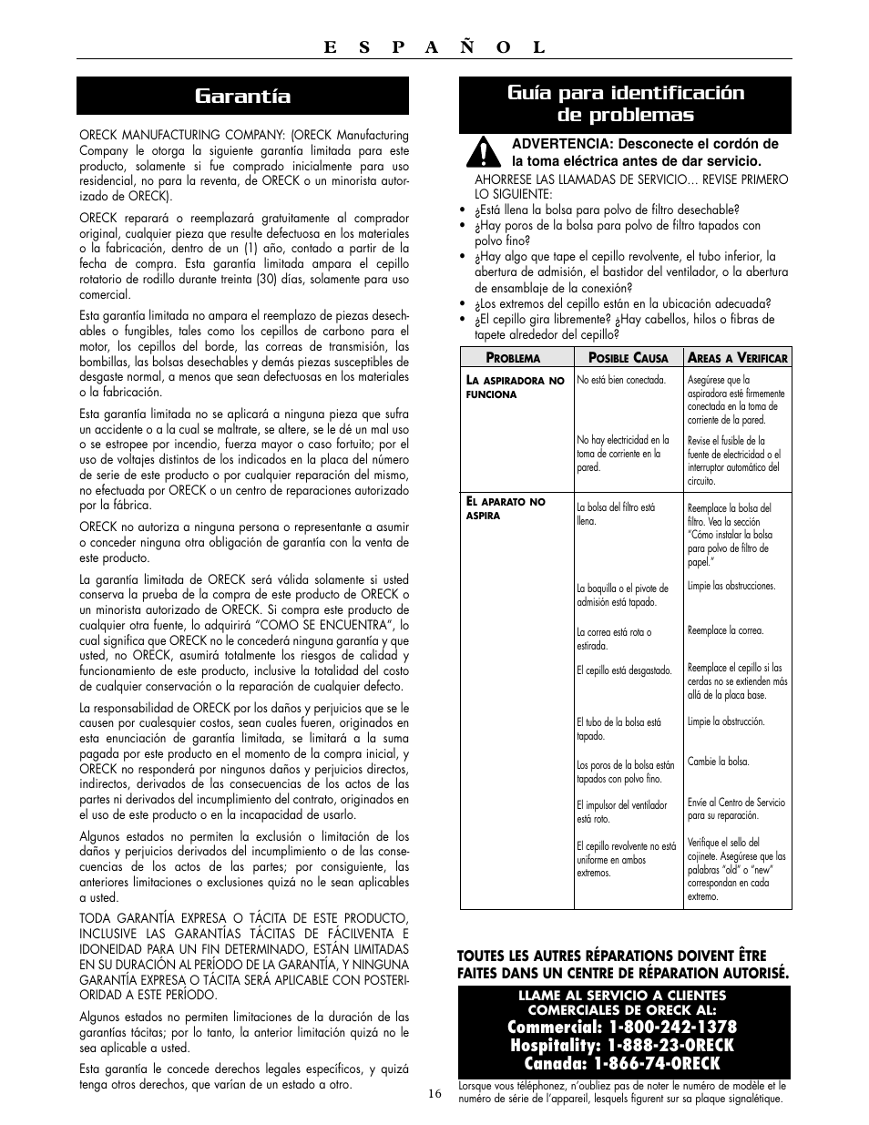 Arantía, Uía para identificación de problemas | Oreck XL2000RH User Manual | Page 16 / 20