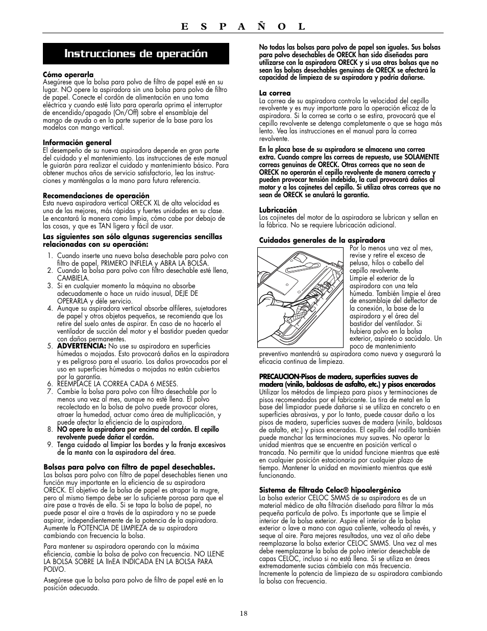 Nstrucciones de operación | Oreck XL2000RH User Manual | Page 18 / 20