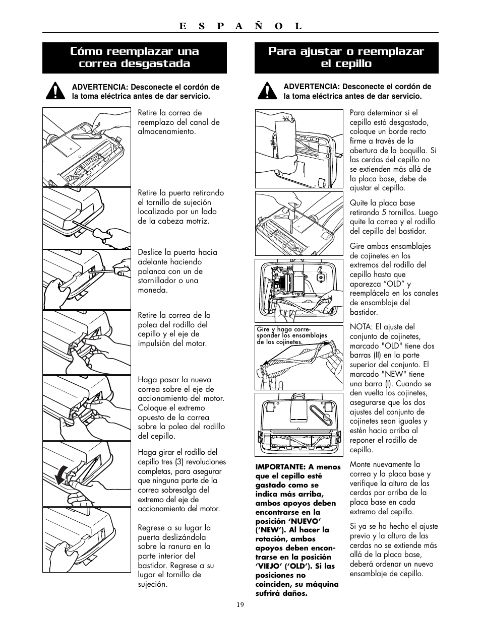 Ómo reemplazar una correa desgastada, Ara ajustar o reemplazar el cepillo | Oreck XL2000RH User Manual | Page 19 / 20