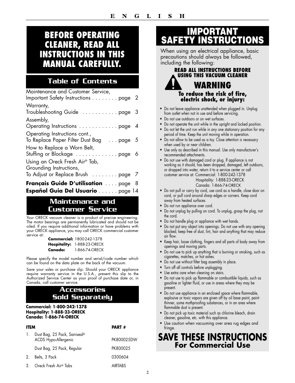 Important safety instructions, Save these instructions, Warning | For commercial use, Able of, Ontents, Aintenance and, Ustomer, Ervice, Ccessories sold separately | Oreck XL2000RH User Manual | Page 2 / 20
