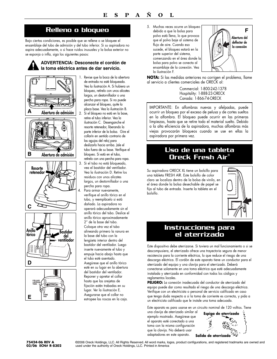 Oreck f, Instrucciones para el aterrizado, So de una tableta | Resh, Elleno o bloqueo | Oreck XL2000RH User Manual | Page 20 / 20