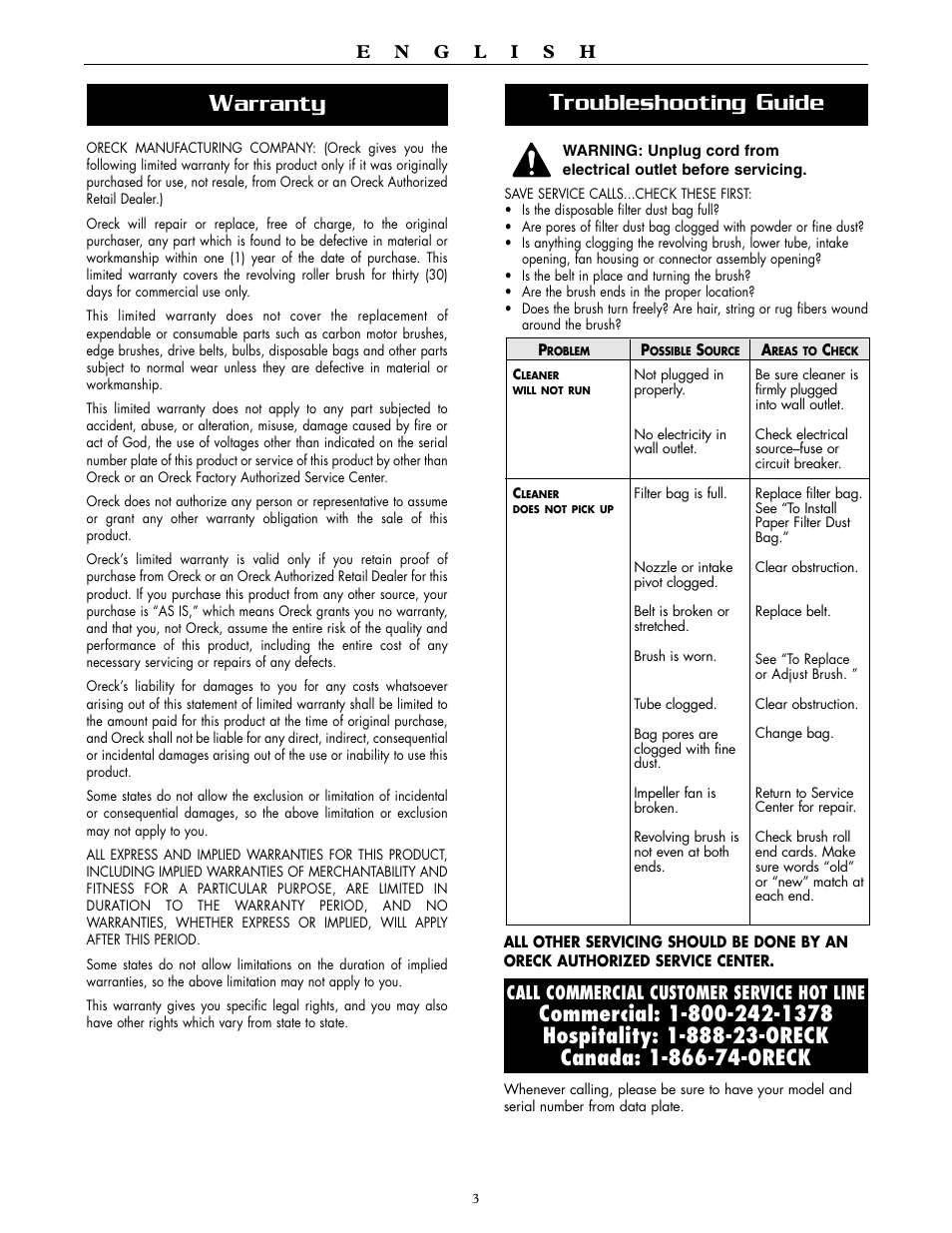 Arranty, Roubleshooting, Uide | Oreck XL2000RH User Manual | Page 3 / 20