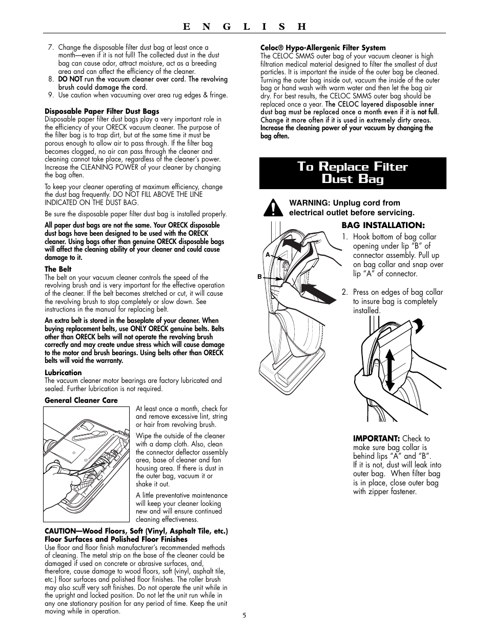 Eplace, Ilter | Oreck XL2000RH User Manual | Page 5 / 20