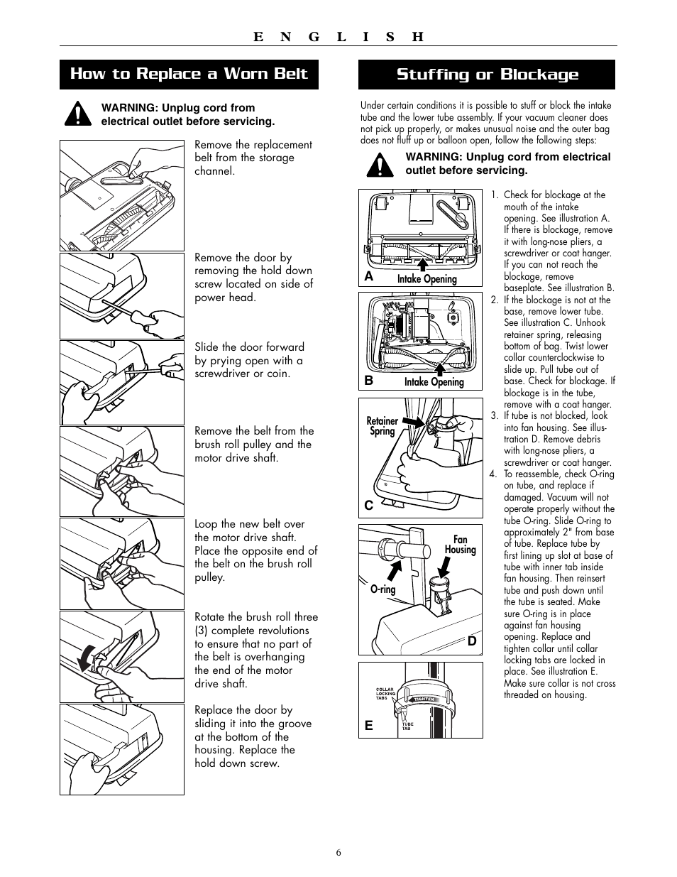 Tuffing or, Lockage, Ow to | Eplace a | Oreck XL2000RH User Manual | Page 6 / 20