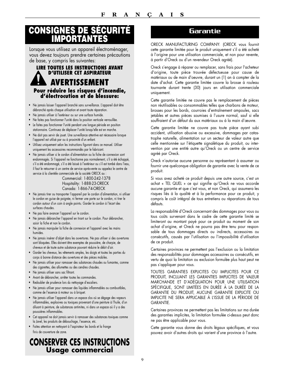 Consignes de sécurité importantes, Conserver ces instructions, Avertissement | Arantie, Usage commercial | Oreck XL2000RH User Manual | Page 9 / 20