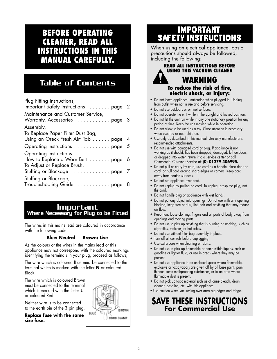 Important safety instructions, Save these instructions, Important | Warning, For commercial use | Oreck 2005HH User Manual | Page 2 / 8