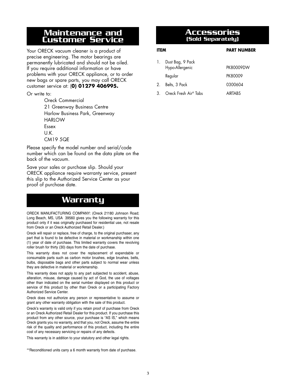Accessories, Maintenance and customer service warranty | Oreck 2005HH User Manual | Page 3 / 8