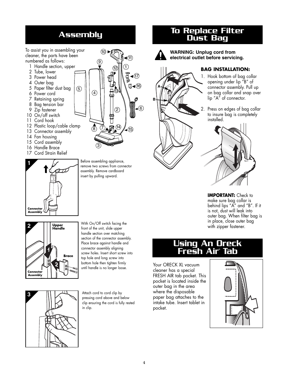 Using an oreck fresh air tab, Assembly | Oreck 2005HH User Manual | Page 4 / 8