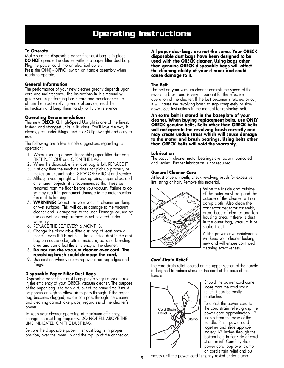Operating instructions | Oreck 2005HH User Manual | Page 5 / 8