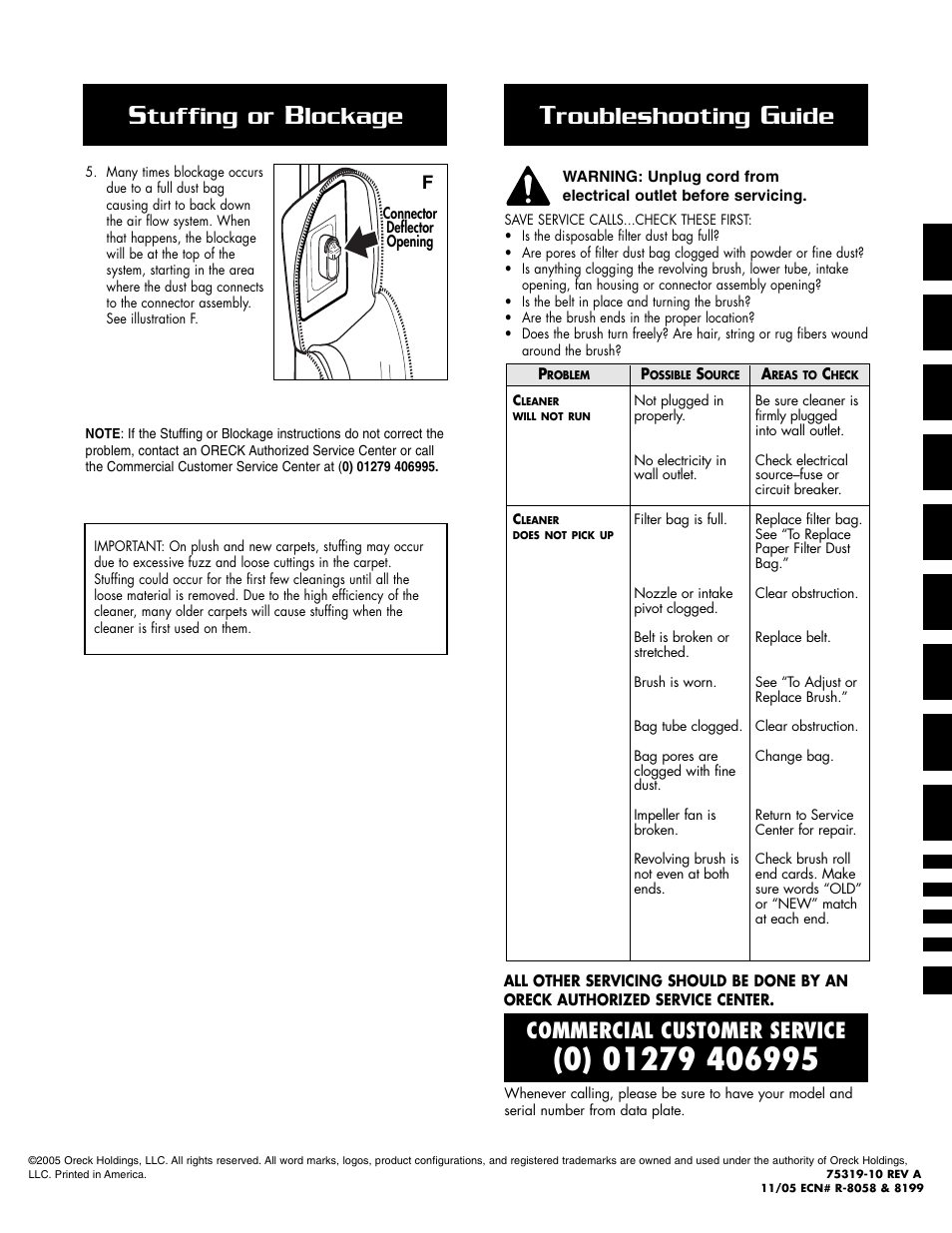 Tuffing or, Lockage, Roubleshooting | Uide, Commercial customer service | Oreck 2005HH User Manual | Page 8 / 8