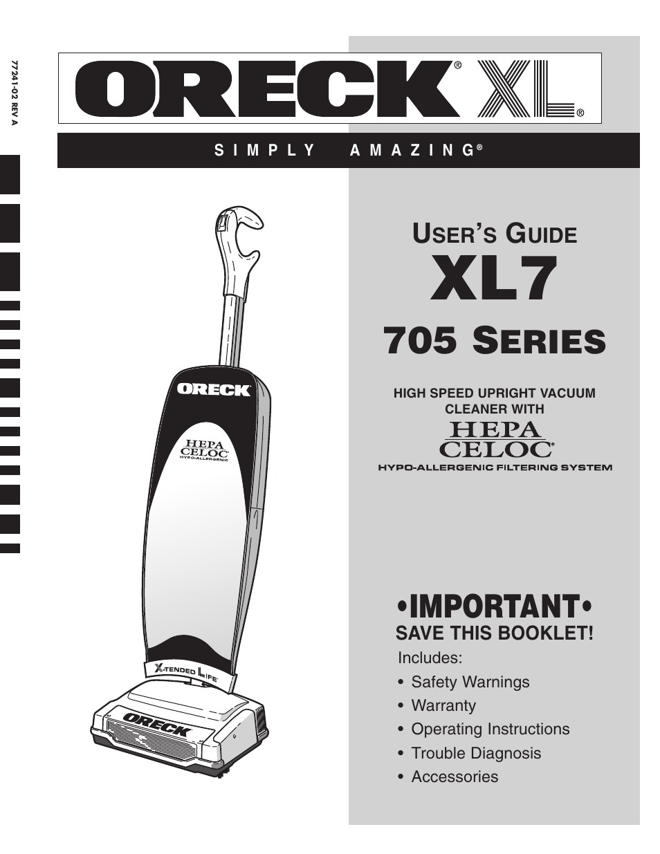 Oreck XL7 705 SERIES User Manual | 8 pages
