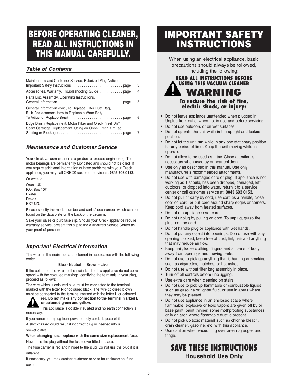 Important safety instructions, Warning, Save these instructions | Household use only | Oreck XL7 705 SERIES User Manual | Page 4 / 8