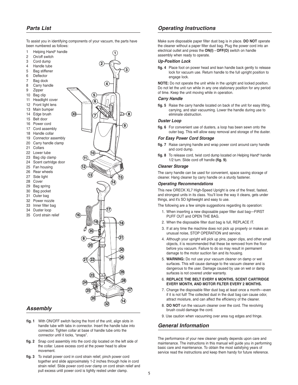 Parts list, Assembly, Operating instructions | General information | Oreck XL7 705 SERIES User Manual | Page 6 / 8