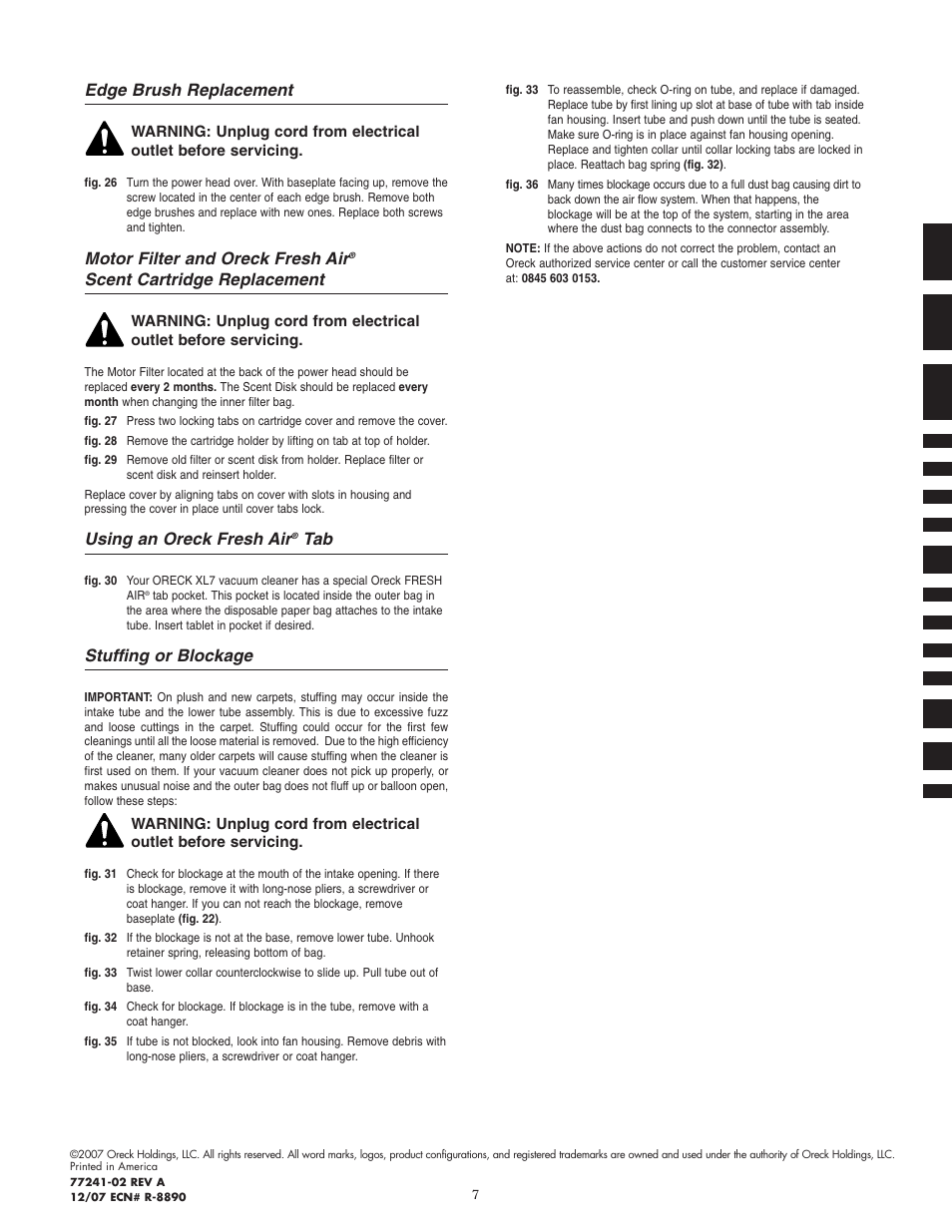 Edge brush replacement, Motor filter and oreck fresh air, Scent cartridge replacement | Using an oreck fresh air, Stuffing or blockage | Oreck XL7 705 SERIES User Manual | Page 8 / 8