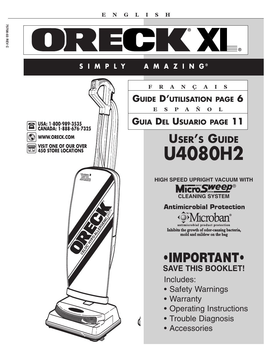 Oreck XL U4080H2 User Manual | 16 pages
