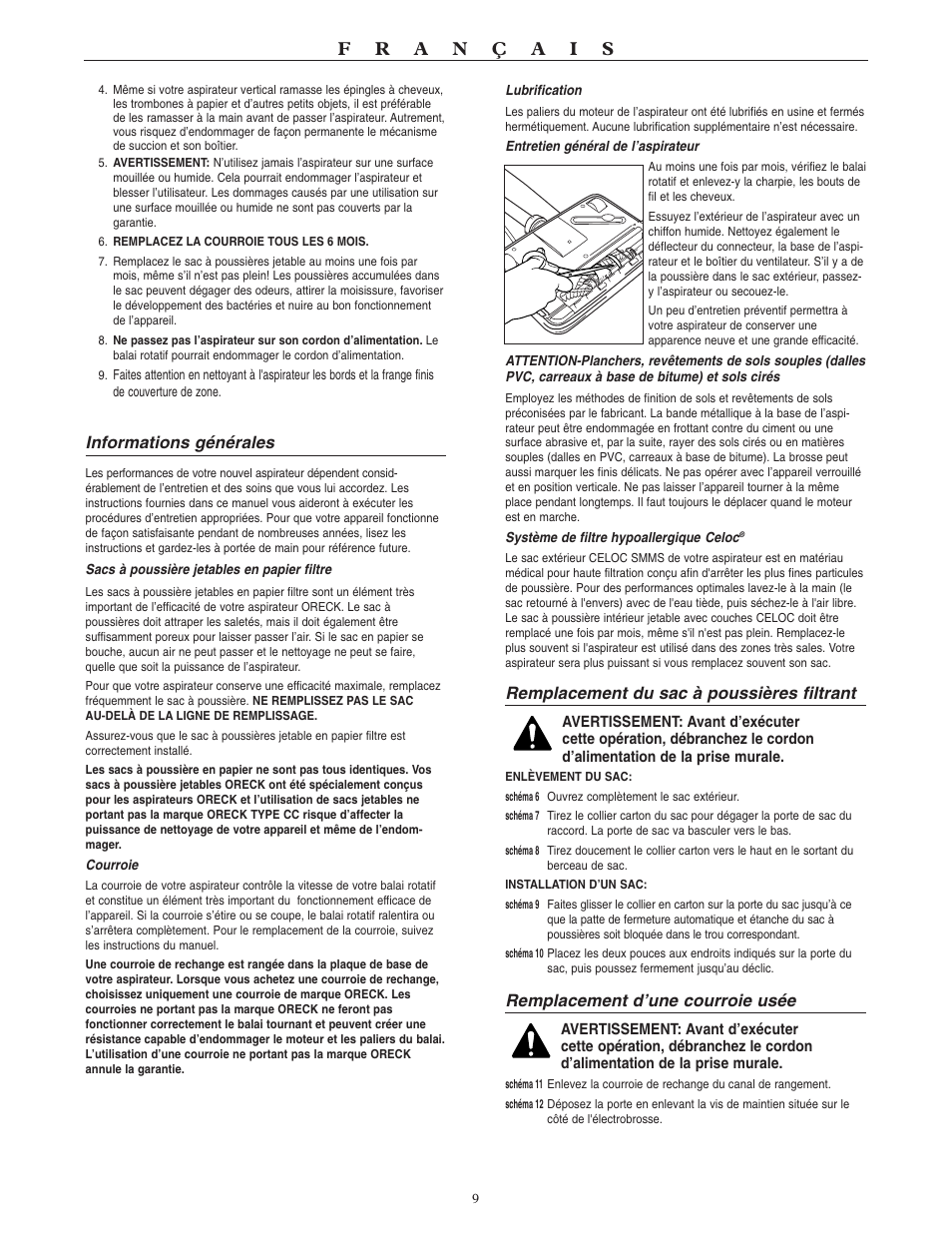 Informations générales, Remplacement du sac à poussières filtrant, Remplacement d’une courroie usée | Oreck XL U4080H2 User Manual | Page 10 / 16