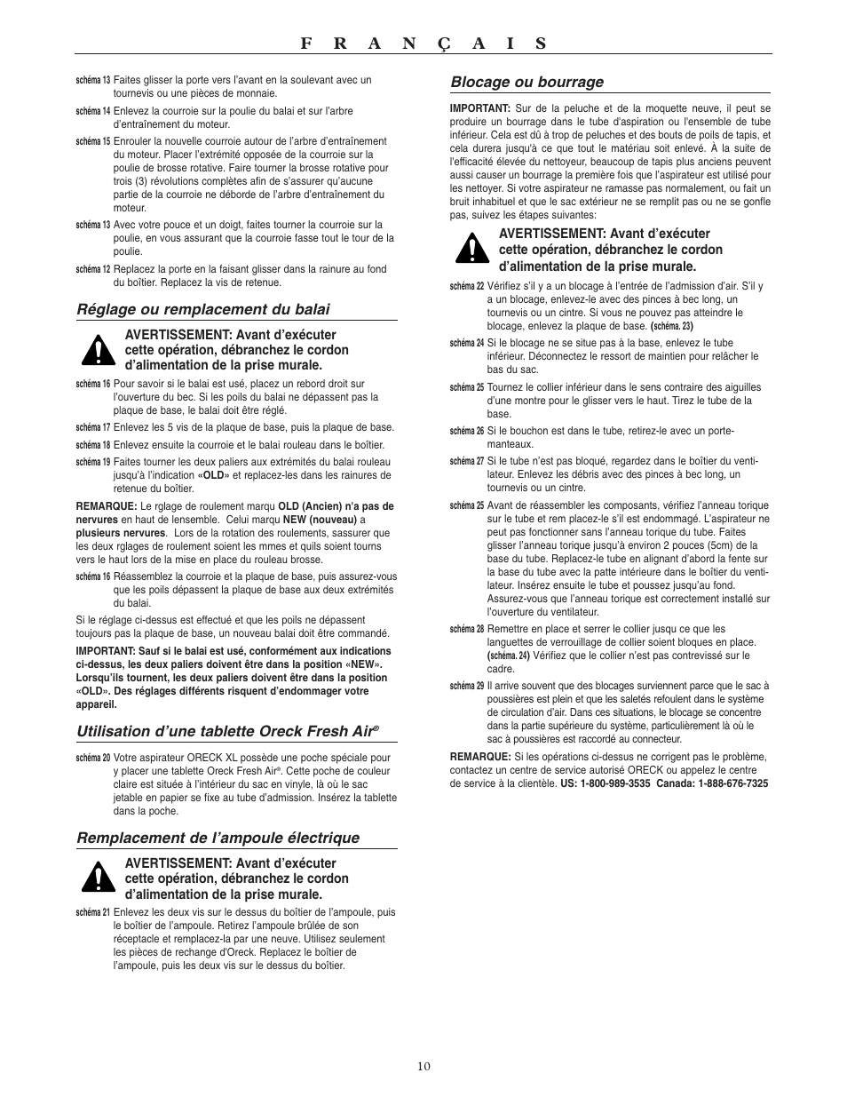 Réglage ou remplacement du balai, Utilisation d’une tablette oreck fresh air, Remplacement de l’ampoule électrique | Blocage ou bourrage | Oreck XL U4080H2 User Manual | Page 11 / 16