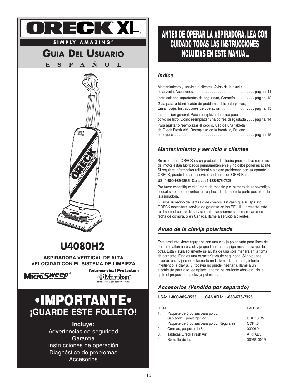 Importante, Guarde este folleto, Suario | Oreck XL U4080H2 User Manual | Page 12 / 16